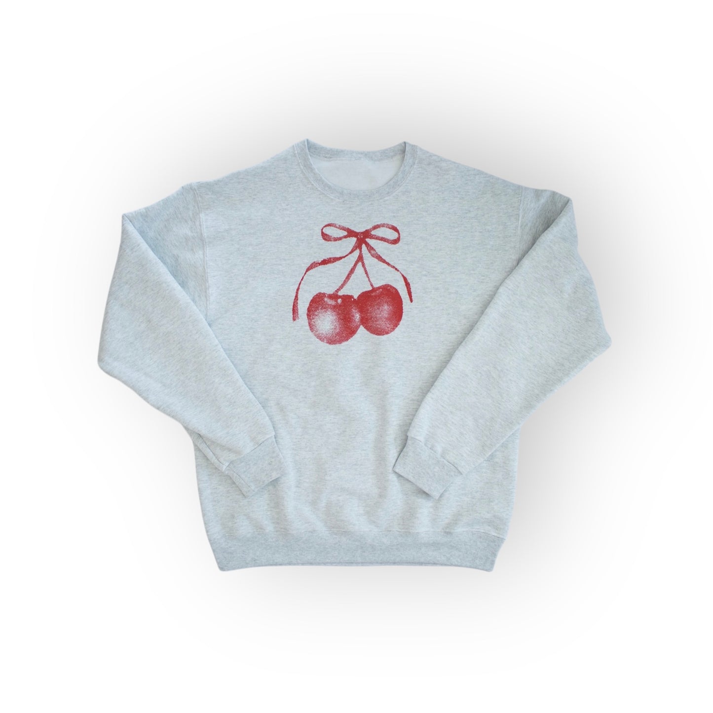 A gray cherry bow crewneck